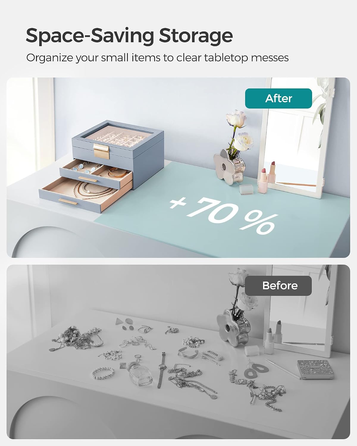SONGMICS Jewelry Box Organizer, 3-Layer Storage with 2 Drawers, Glass Lid