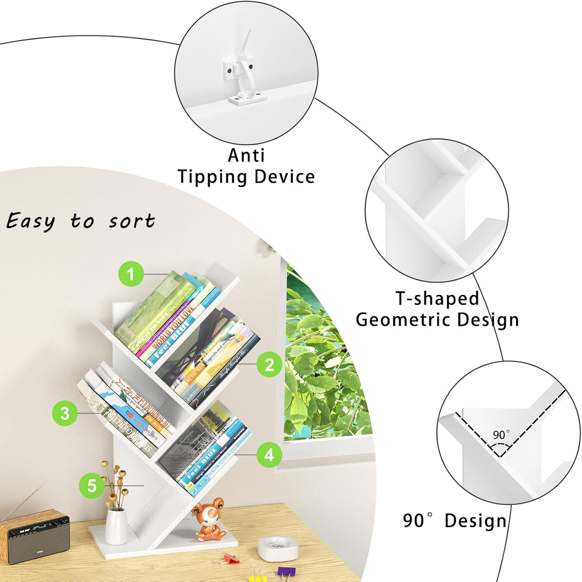 SHEEPAM Small Tree Book Shelf,5 Tier Bookshelf, Wood Desktop Bookcase