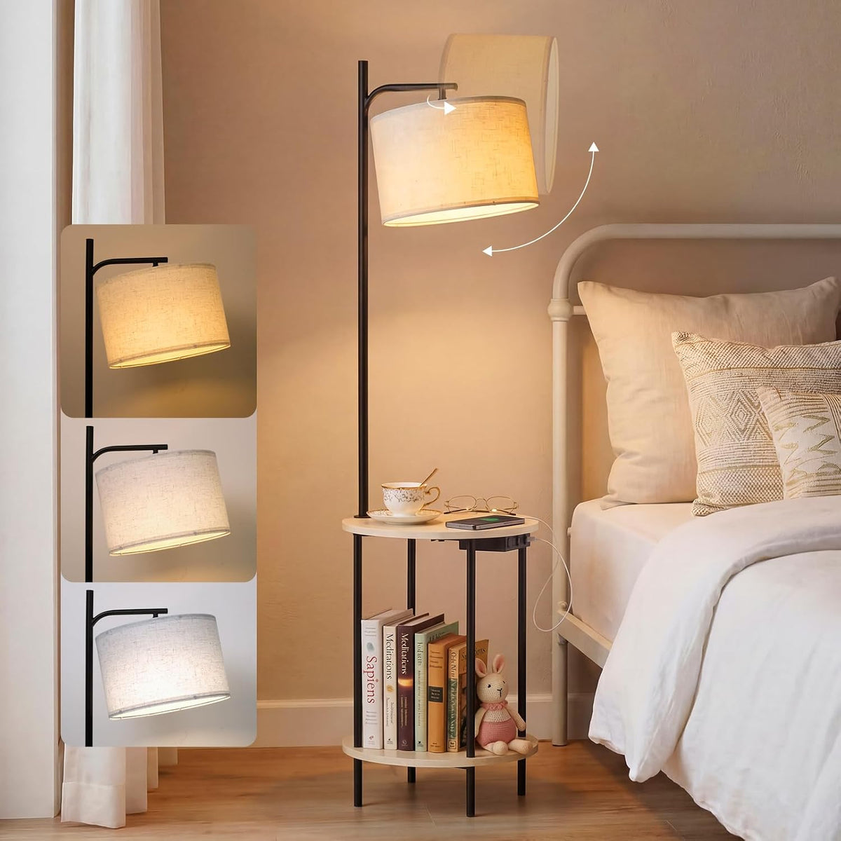 ONEWISH Floor Lamp with Table, USB/Type-C/AC Charging Ports, 9W LED Bulb, Rou...