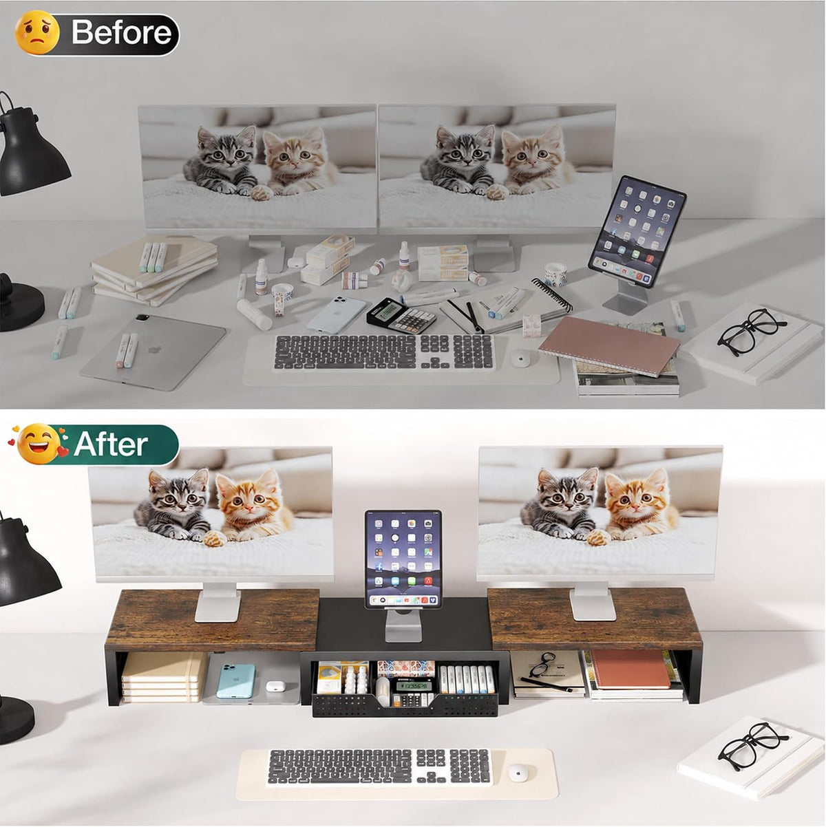 OPNICE Dual Computer Monitor Stand Riser, Desk Organizer with Drawer, Office ...