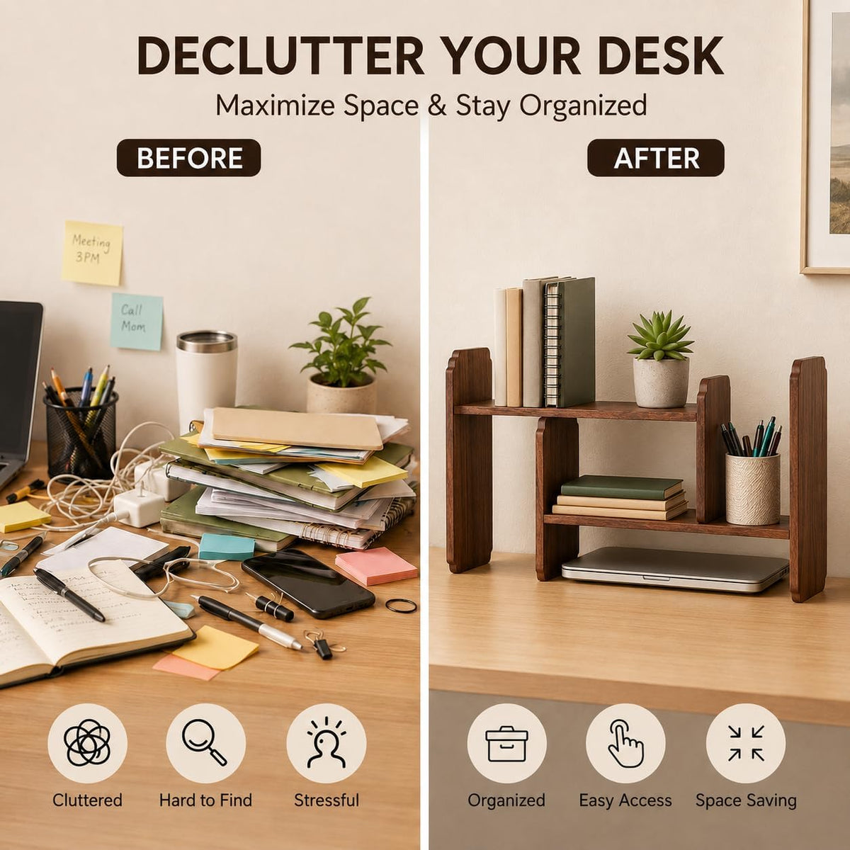 Walnut Display Organizer Expandable Desktop or Countertop Shelf with Drawer