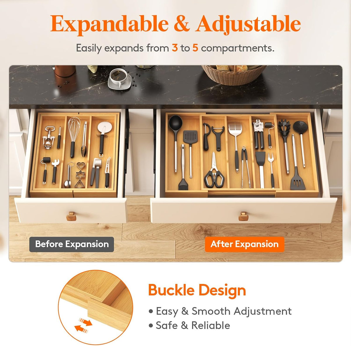 Lifewit Bamboo Utensil Organizer for Kitchen Drawer, Cooking Utensil Tray