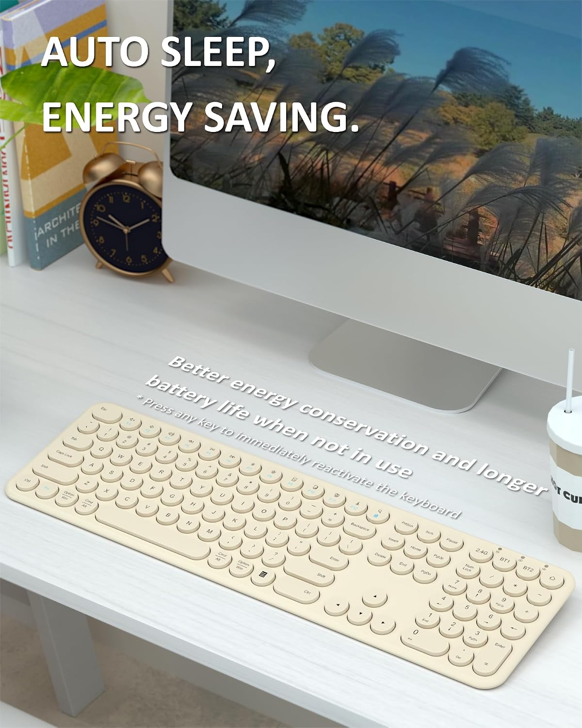 Quiet Wireless Keyboard, Round Keycaps, Low Profile Slim Design (Khaki)