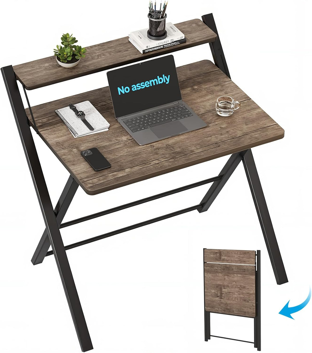 GreenForest No Assembly Folding Desk, 2-Tier Compact Computer Desk with Shelf...