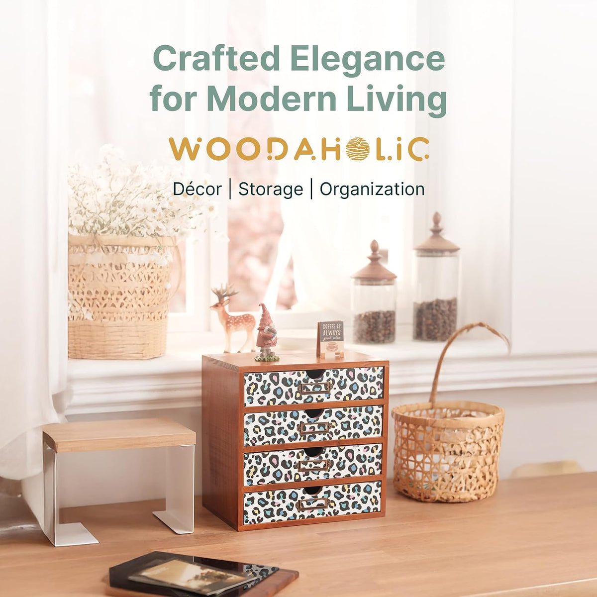 Colorful Leopard Print Wooden Desk Organizer - 4-Drawer Desktop Storage Cabin...