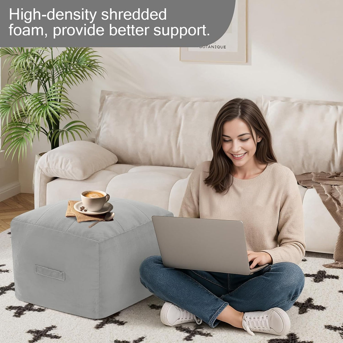 MeMoreCool Grid Square Pouf Ottoman Foot Rest 20x20x15 Inches, Light Grey