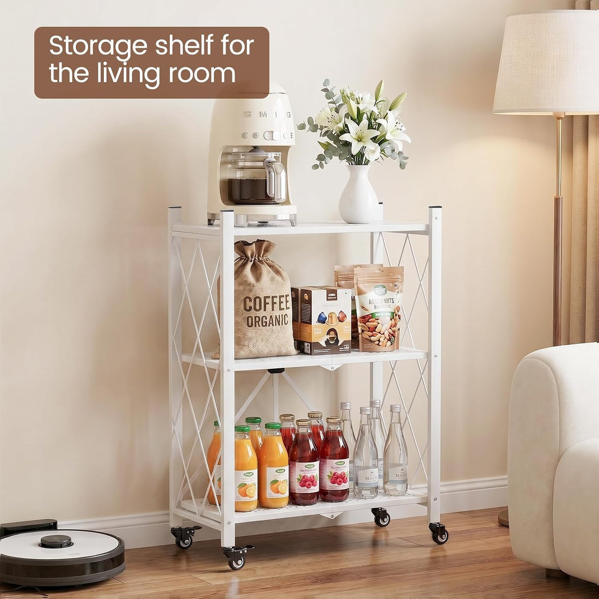 ALANNG 3 Tier Folding Shelf on Wheels, Heavy Duty Rolling Storage Cart
