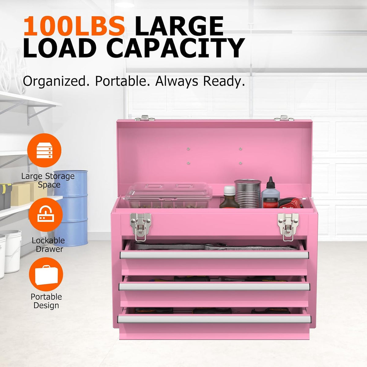 Portable Metal Tool Box with Drawers, Latches Tool Box with EVC Liners for Ga...