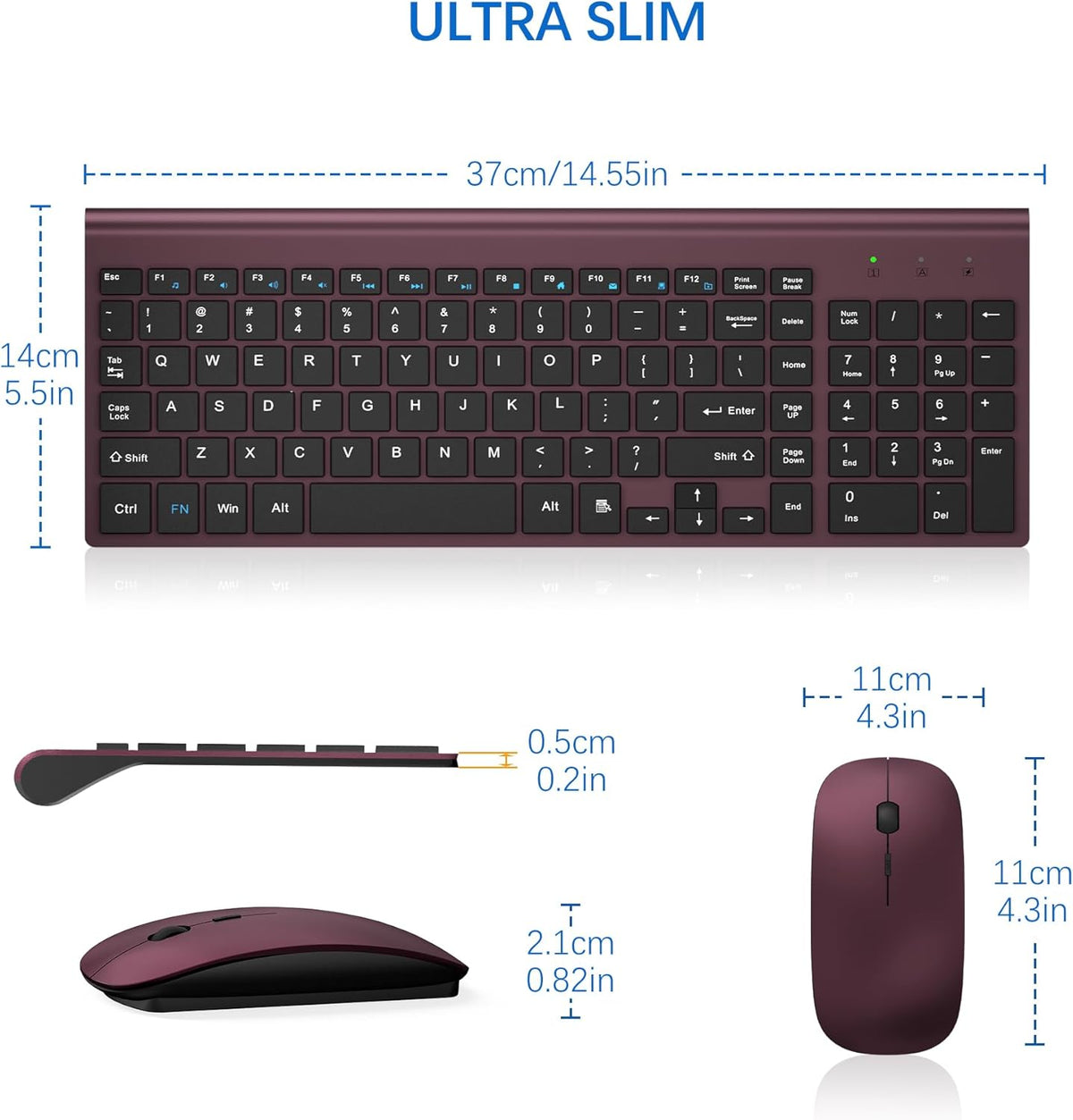 Wireless Keyboard and Mouse Ultra Slim Combo, TopMate - Wine Black