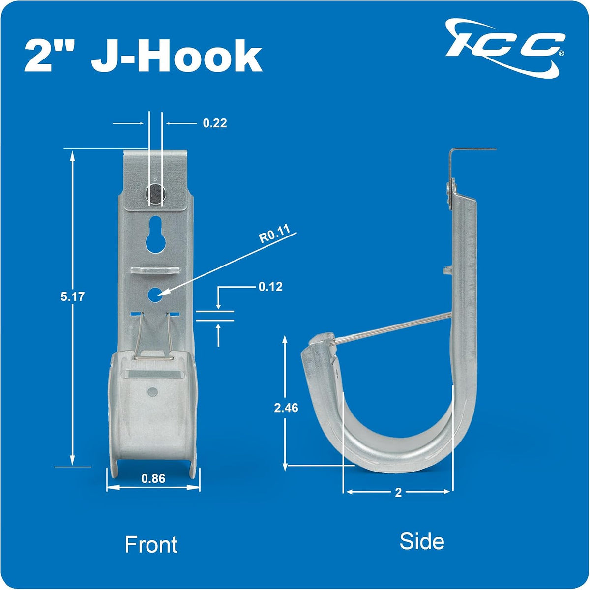 ICC 2-Inch Ceiling J Hook Cable Management Hook, Retainer Clip, 25-Pack