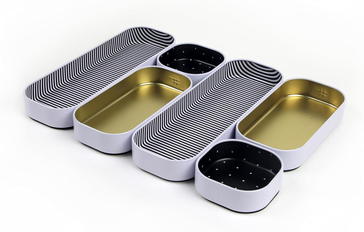 Three by Three Seattle Metal Drawer Organizer Tray Set, 6-Pc, 1" (Gold)