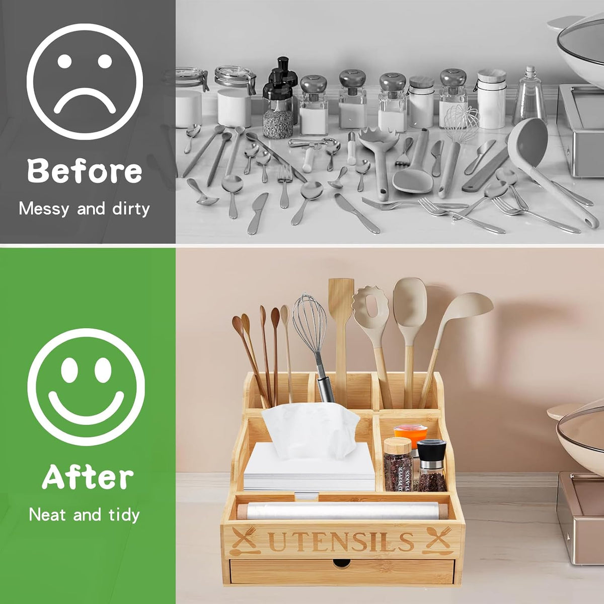 Kitchen Utensil Holder with Drawer, Farmhouse Spatula Organizer for Counterto...