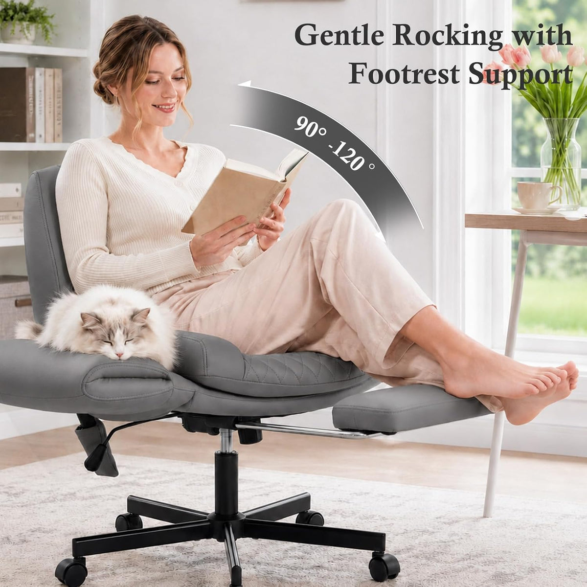 Criss Cross Office Chair with Footrest, Scratch-Resistant PU Leather, Grey