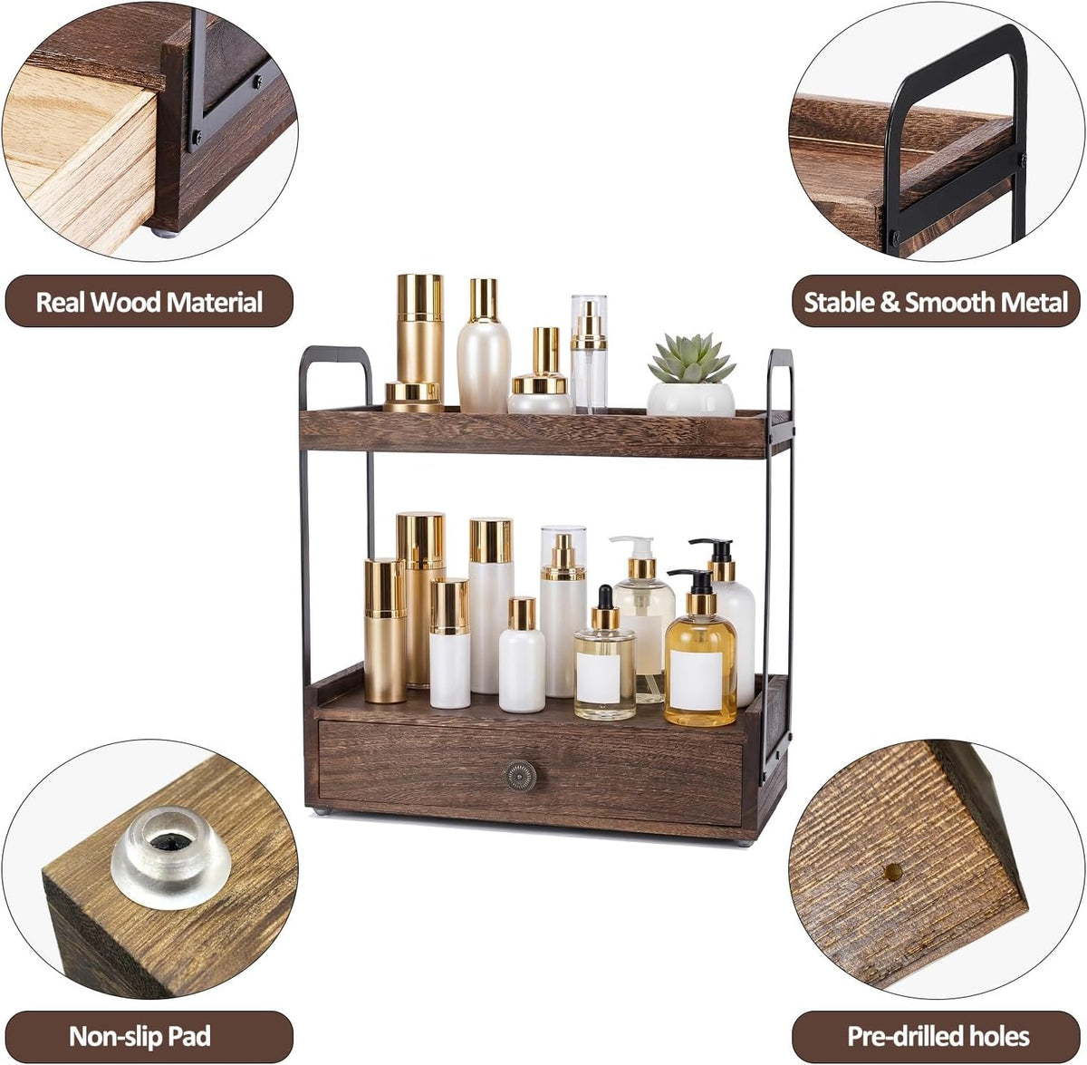 2-Tier Bathroom Counter Organizer with Drawer, Wooden Vanity Countertop Organ...