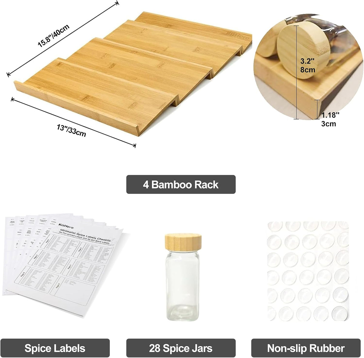 Spice Drawer Organizer with 28 Bamboo-lidded Spice Jars and 216 Labels,Non-sl...