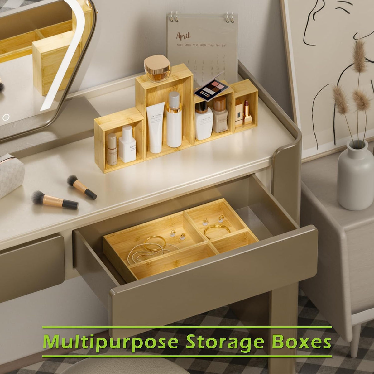 Bamboo Drawer Organizer Boxes, 8-Piece Set for Kitchen & Bathroom