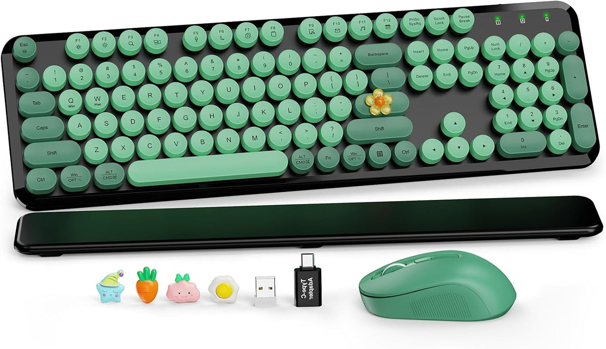 Wireless Keyboard and Mouse, Round Keycap, Magnetic Wrist Rest, Green Black