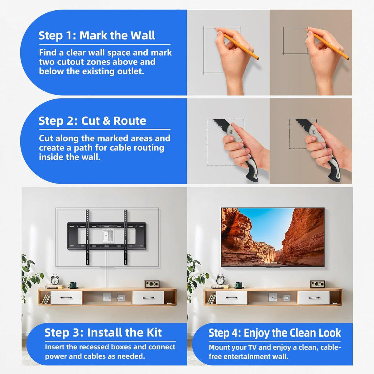 in-Wall Cable Management Kit TV Cord Hider for Wall Dual USB A&C