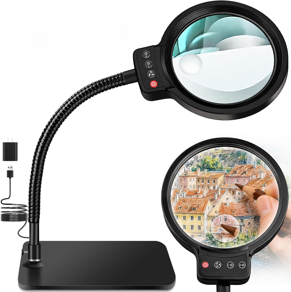 30X 12X Magnifying Glass with Light and Stand, 5-Inch Optical Grade HD Lens
