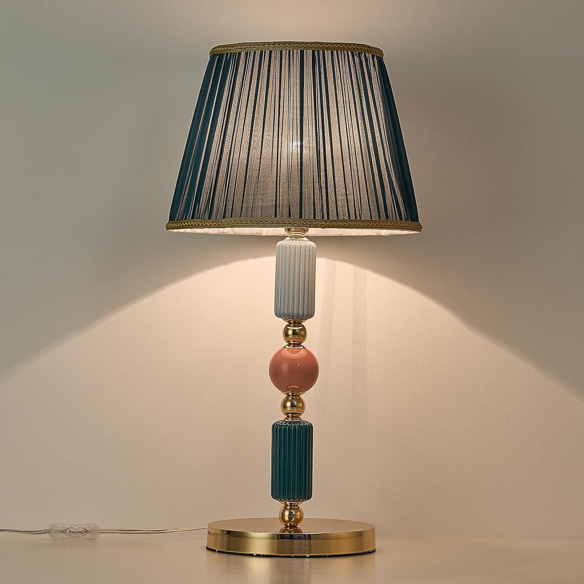 Green Fabric Shade Table Lamp Modern Metal Desk Lamp with Plug Cord Switch fo...