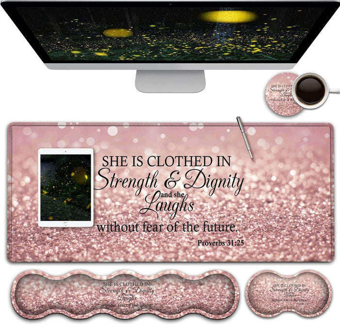 Large Gaming Mouse Pad,Extended Office Desk Mat,Waterproof Desk Writing Pad for Office/Home Ergonomic Mouse &Keyboard Wrist Rest,Proverbs 31:25 Bible Verse Laptop Desk Pad Pink Mousepad Wrist Support