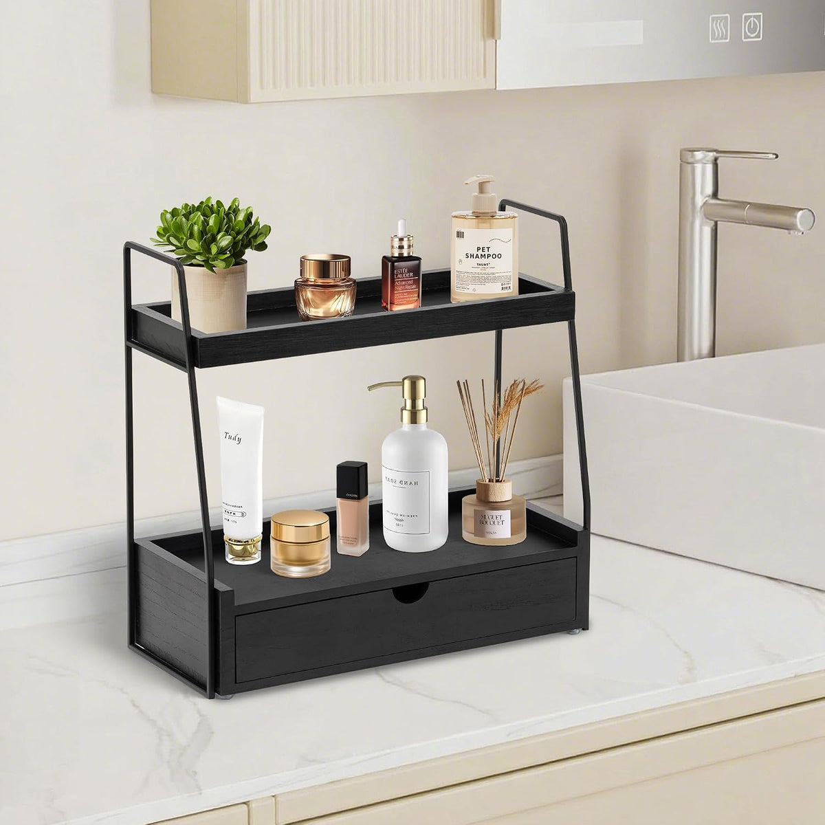 2-Tier Bathroom Countertop Organizer with Drawer, Wood Vanity Shelf Black