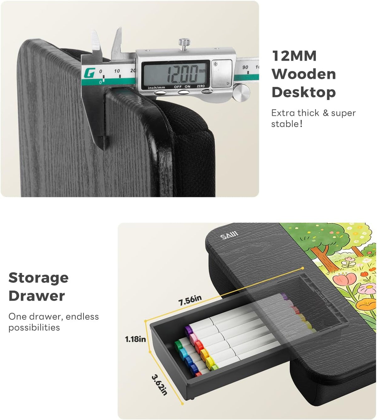 SAIJI Laptop Lap Desk, Portable Laptops Tray with Cushion Drawer Storage