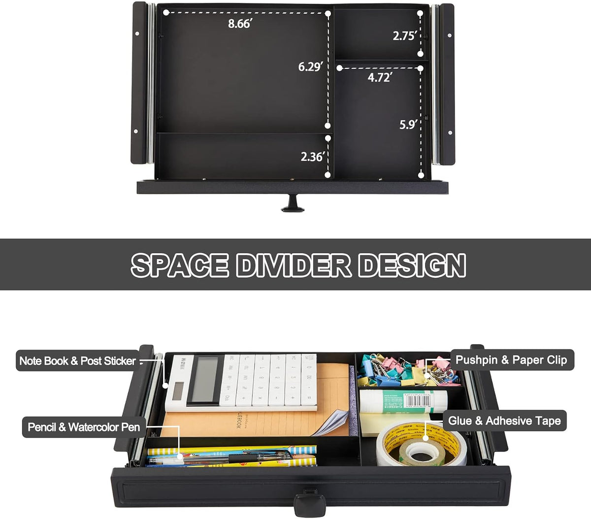 GOME Under Desk Slide out Pencil Drawer with Space Divider Design for Storing...