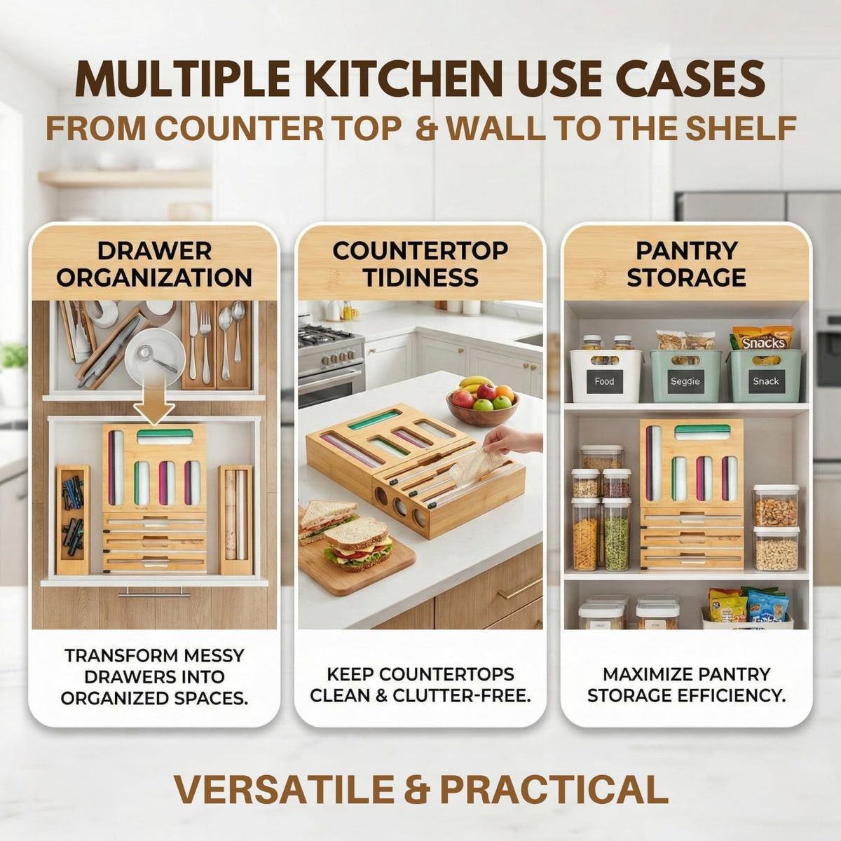 9 in 1 Bamboo Kitchen Drawer Organizer for Storage Bags, Foil & Plastic W...
