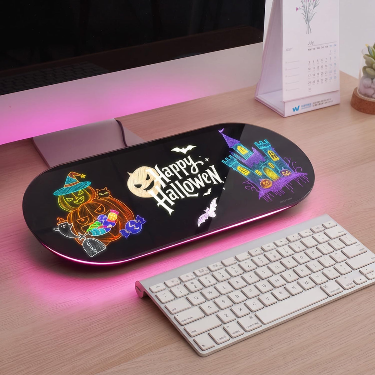 TSJ OFFICE Glass Desktop Whiteboard - 17 X 7 Inches Black Board Pink Light
