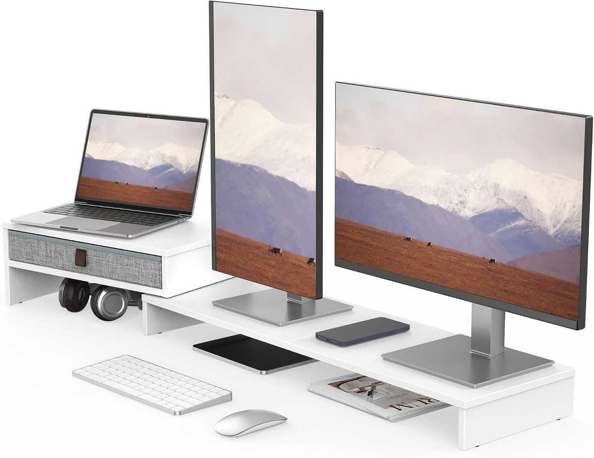 Fenge Triple Monitor Stand with Storage Drawer, Adjustable Length and Angle