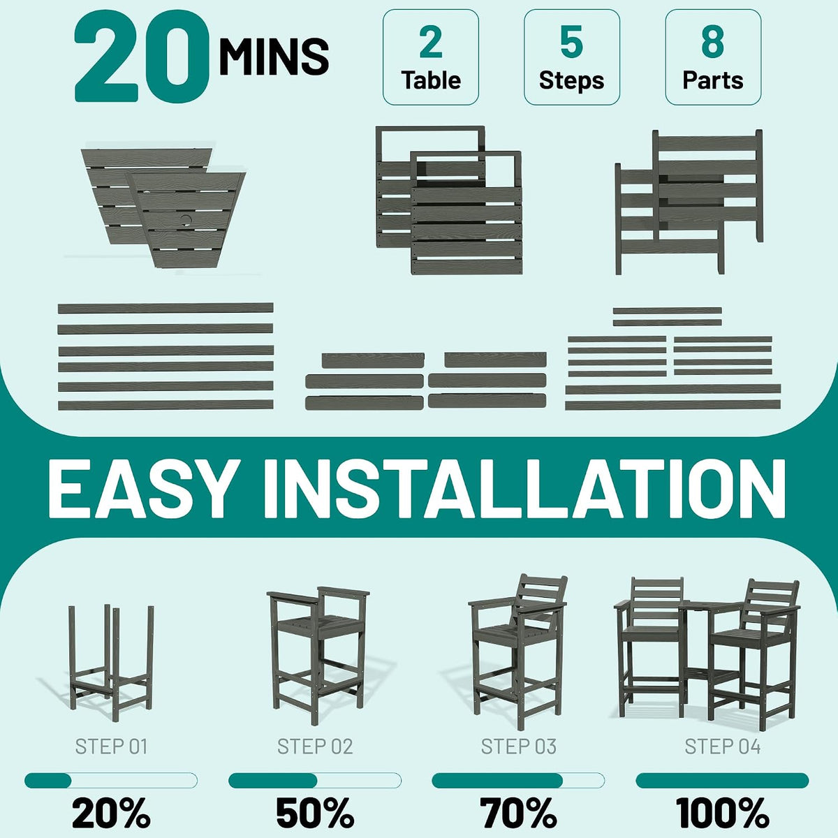PLUUV Tall Adirondack Chairs Set of 2 with Double Connecting Trays,Gray
