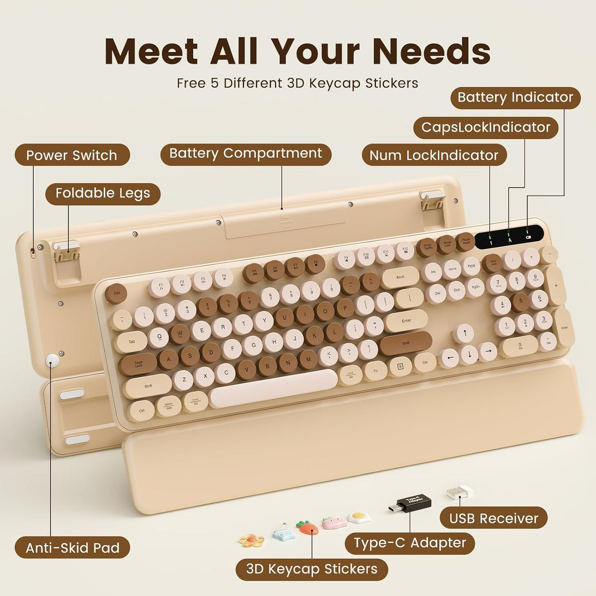 Wireless Keyboard, Round Keycaps, Retro Typewriter Keyboard with Magnetic Wri...