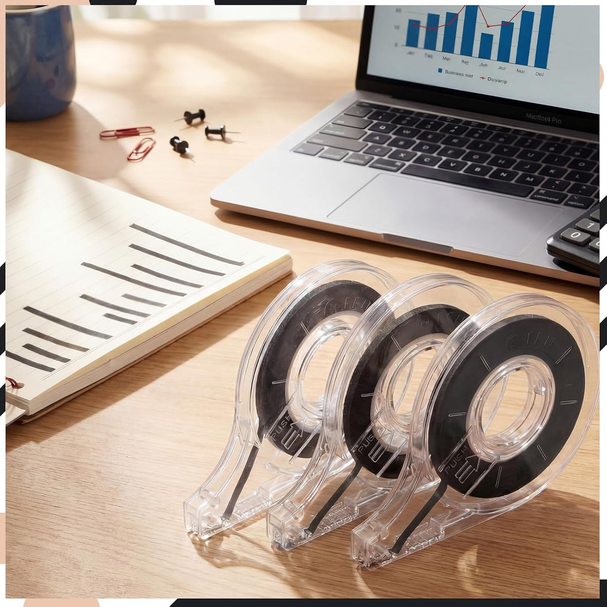 6 Pack Whiteboard Tape with Dispenser, Width 1/8", Black