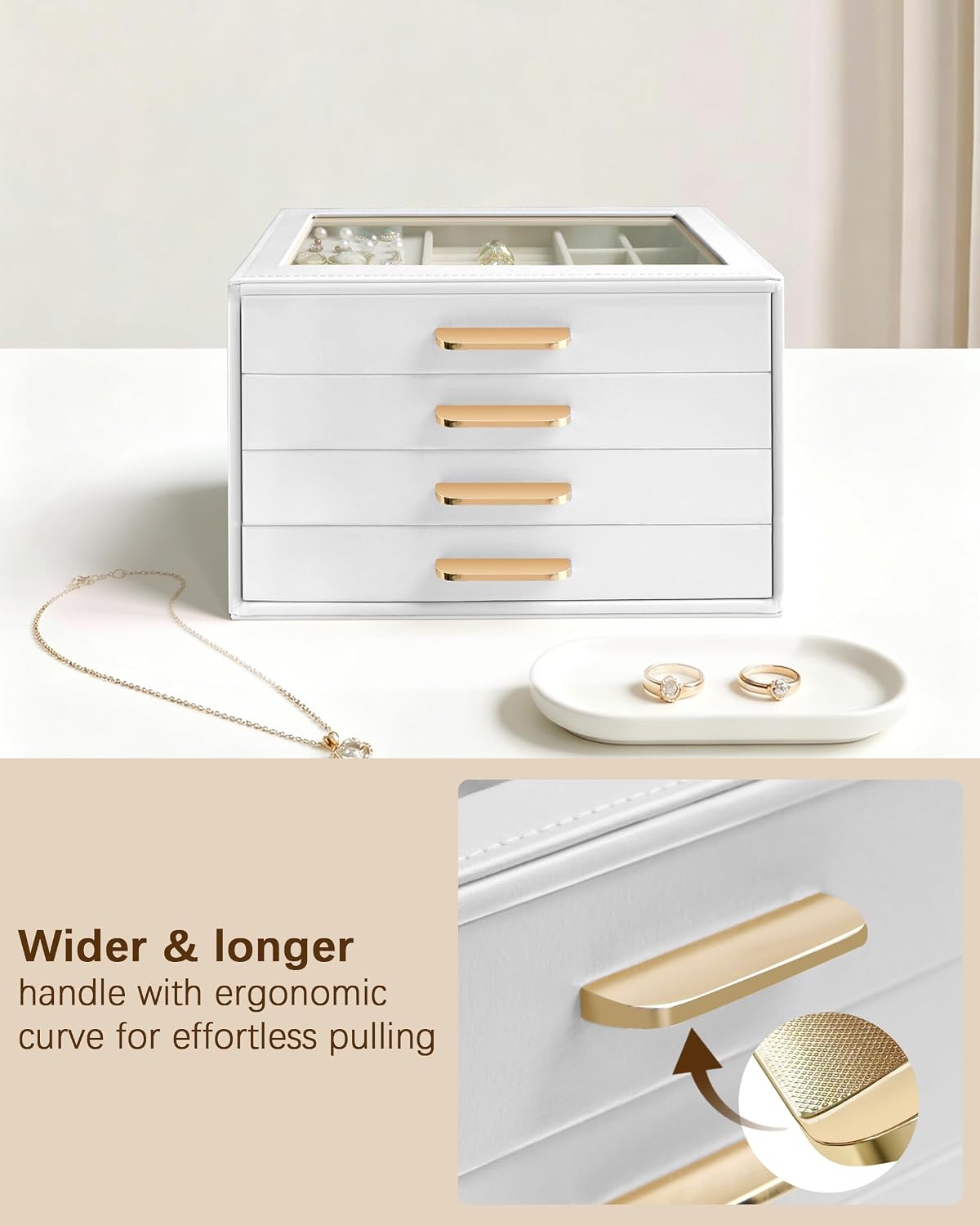 Homeanda Jewelry Boxes Organizer with Glass Lid, 4-Layer PU Leather, White