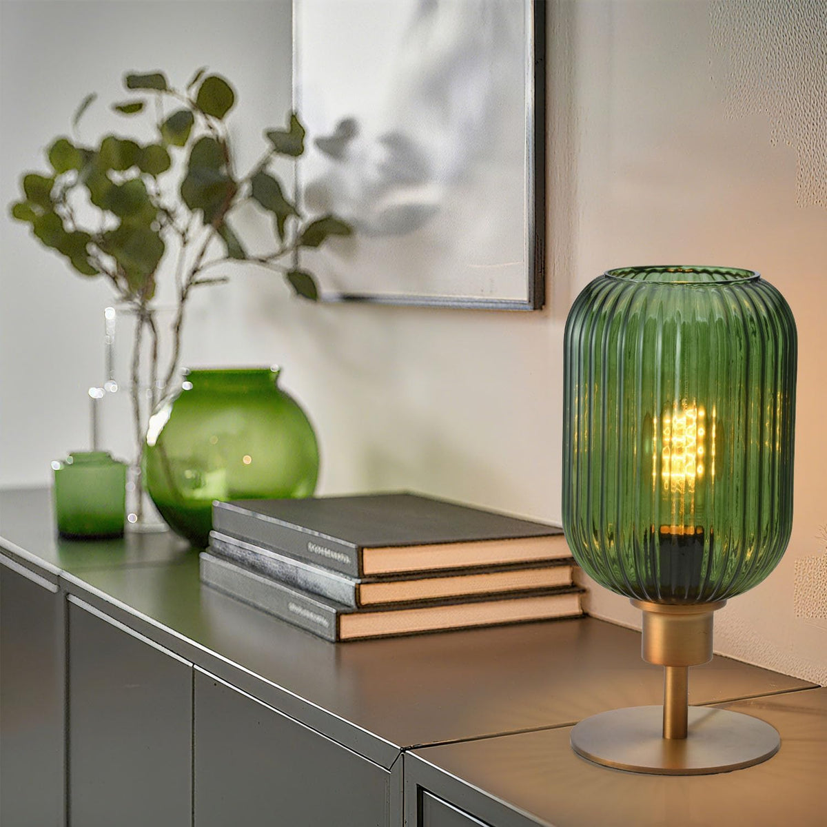 Mid Century Glass Table Lamp, Timer Build-In, Dimmable Desk Lamp, Green
