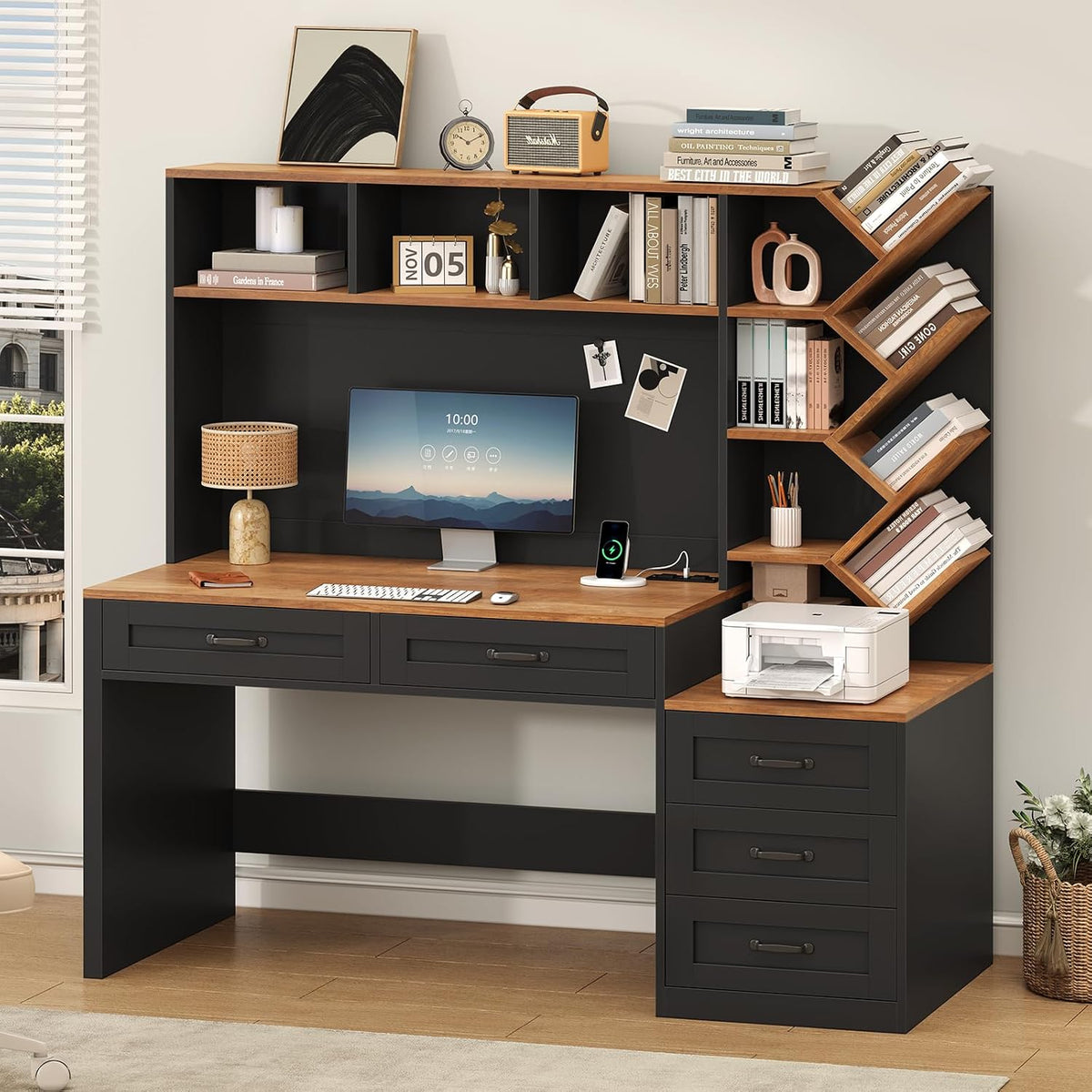55" Computer Desk with Bookshelf, Drawers & Hutch for Bedroom, Home Office