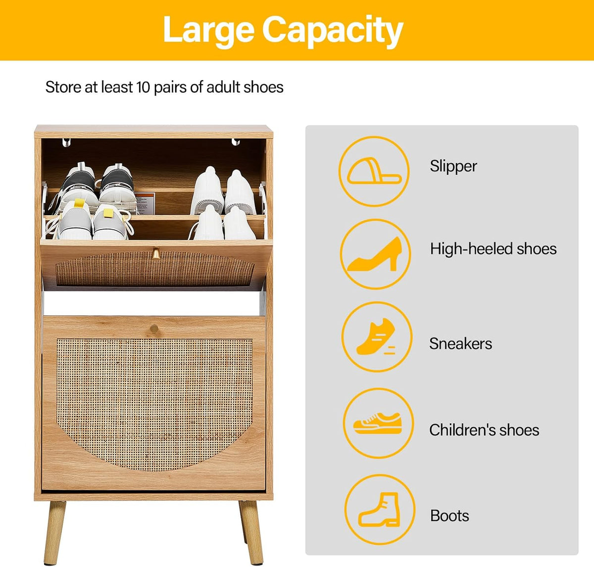 Karl home Natural Rattan Shoe Cabinet, 2 Flip Drawer Entryway Organizer