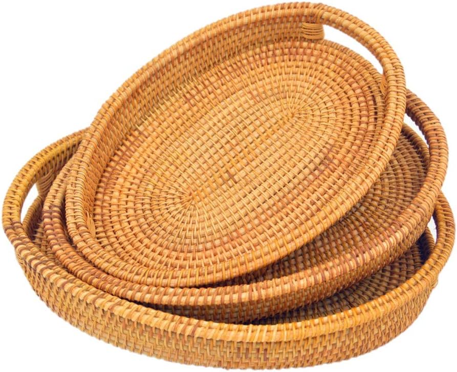 3 Pack Handmade Oval Woven Basket Tray, 15 Inch Rattan Storage Baskets with H...