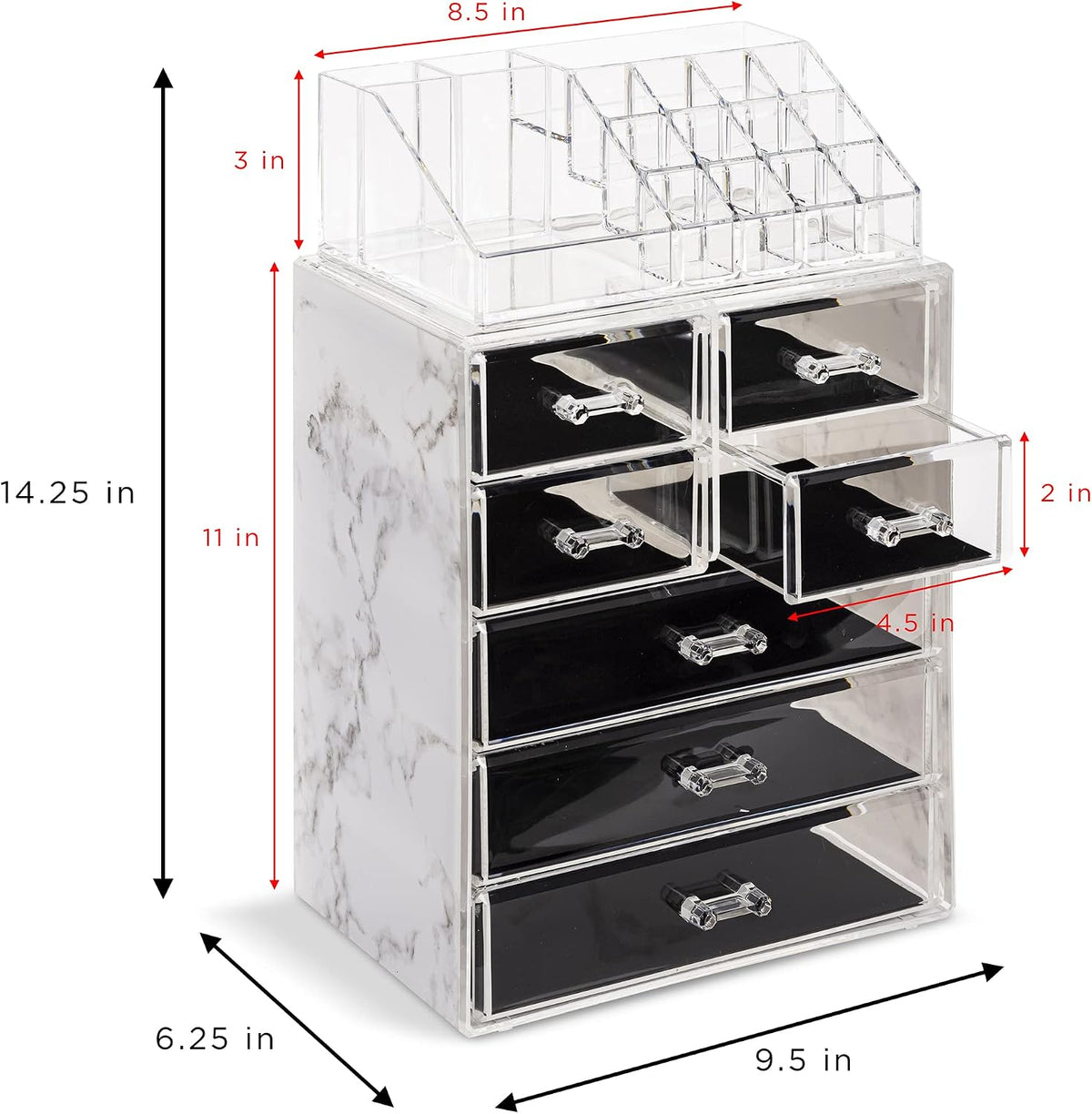 Sorbus Makeup Organizer, 7-Drawer Acrylic 2-Piece Set (Marble Print)