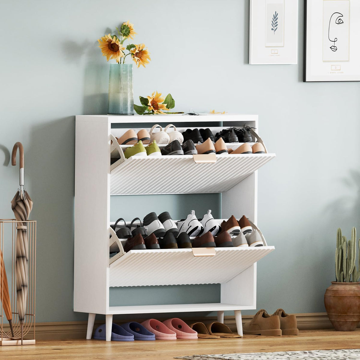Shoe Cabinet Storage,Modern Freestanding Organizer with 2 Flip Drawers,Narrow...
