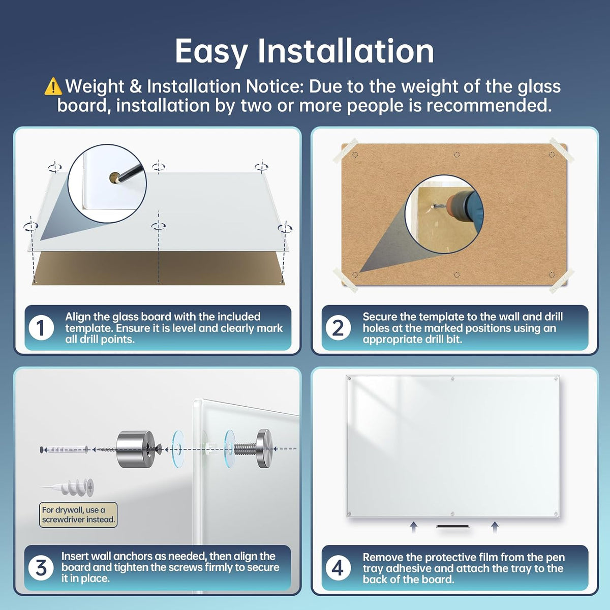 Glass Whiteboard 96" x 48", Frameless Wall Mounted Dry Erase Board ...