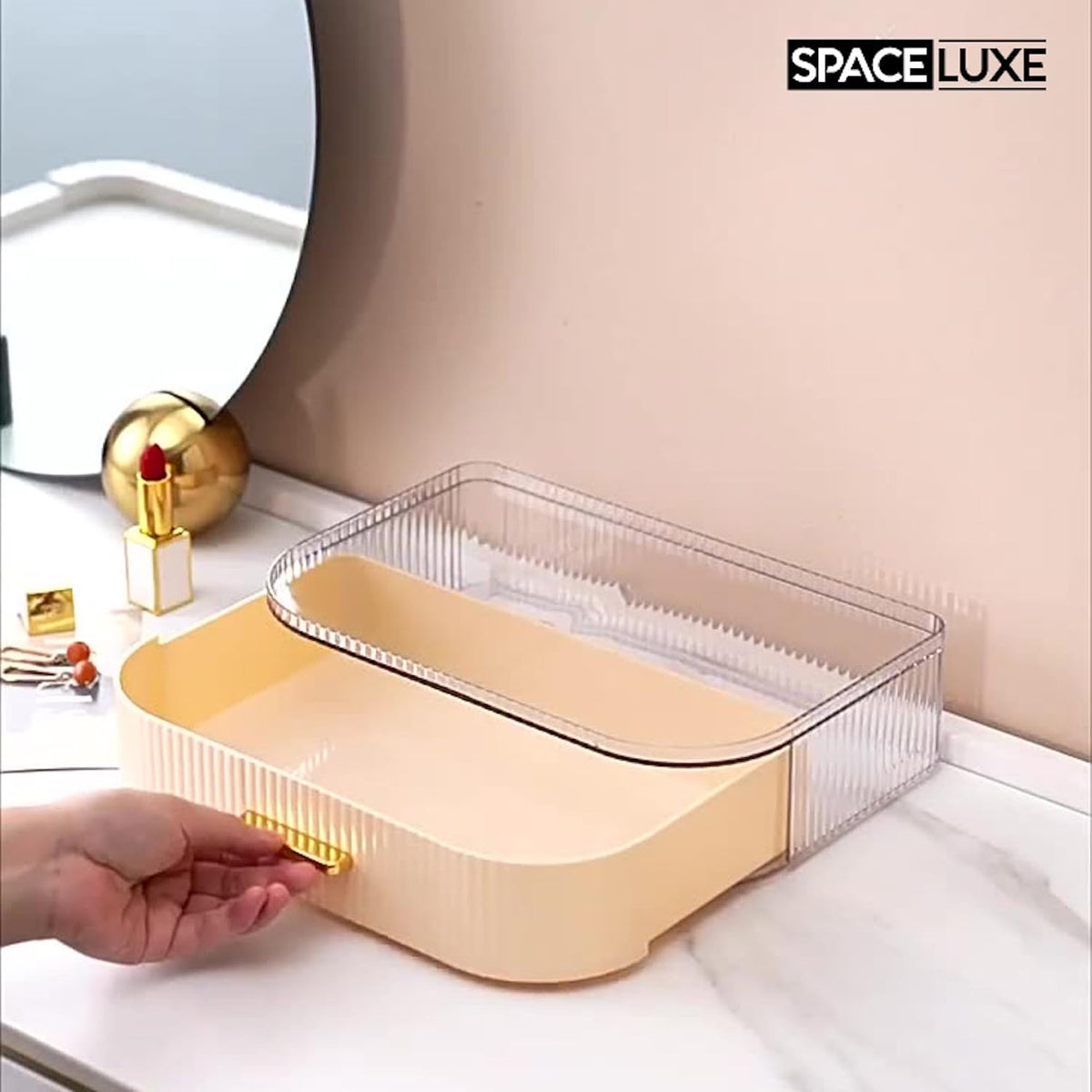 Makeup Organizer with Drawers, 360° Rotating Brush Holder