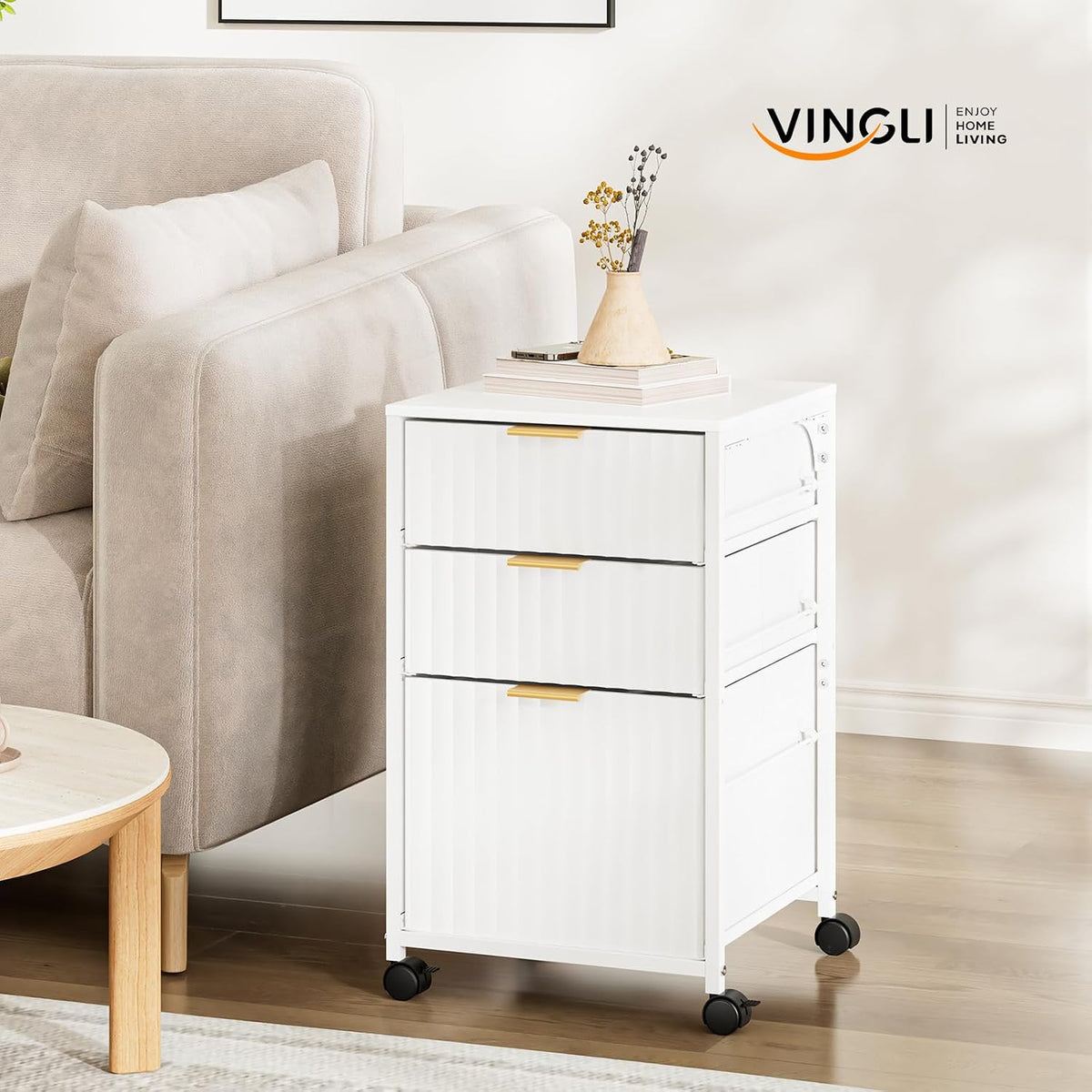 VINGLI 3 Drawer Fluted File Cabinet, Rolling File Cabinet Mobile Under Desk F...