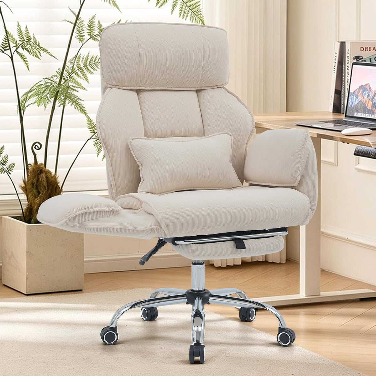 Criss Cross Office Chair with Footrest - 5-Gear Flat Armrests Corduroy Desk C...