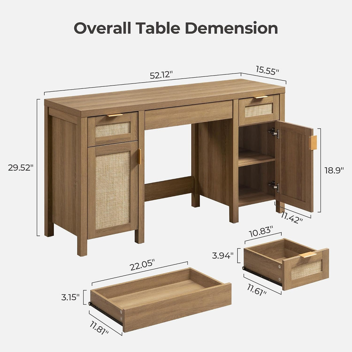 SICOTAS Rattan Vanity Home Office Desk 52" Vanity Table with 3 Drawers