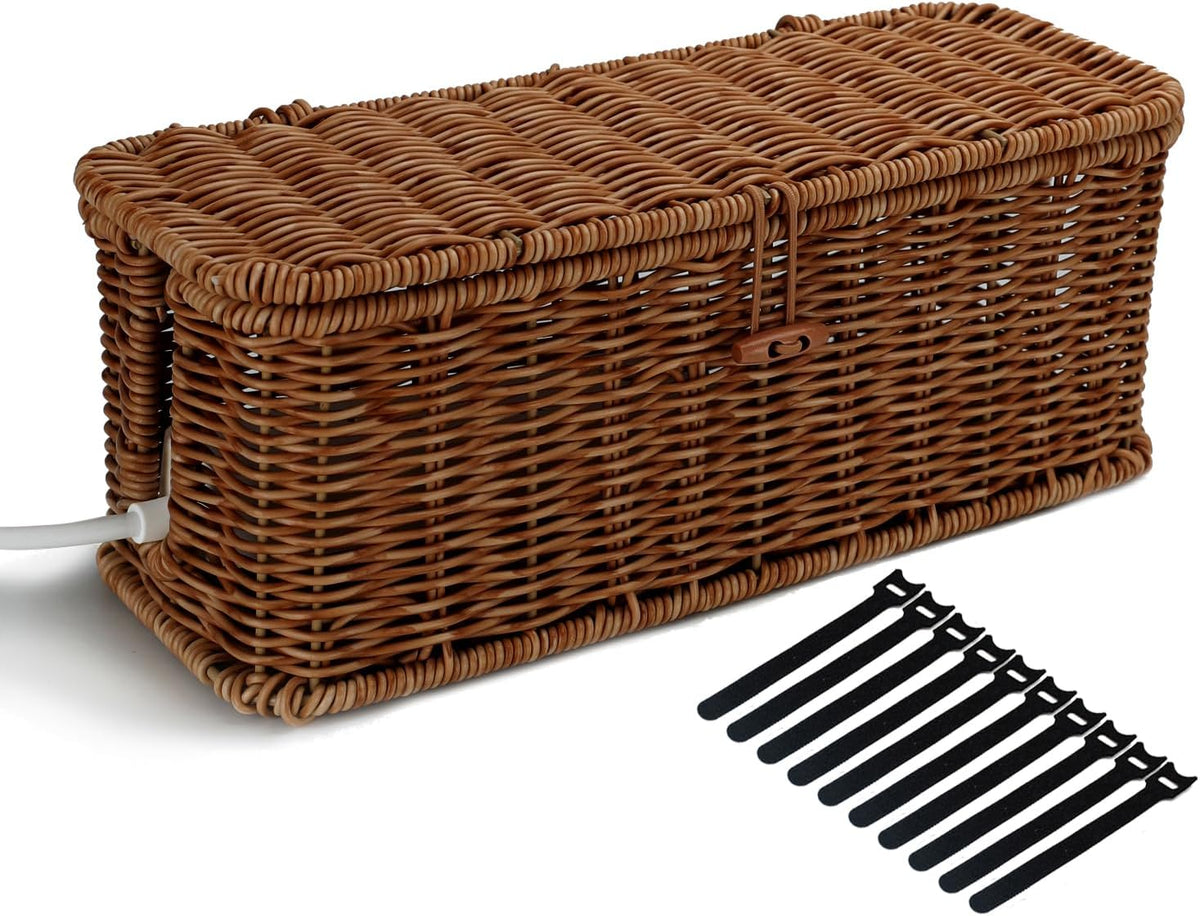 Cable Management Box, Desk Handwoven Rattan Cord Hider Cable Organizer Box Wi...
