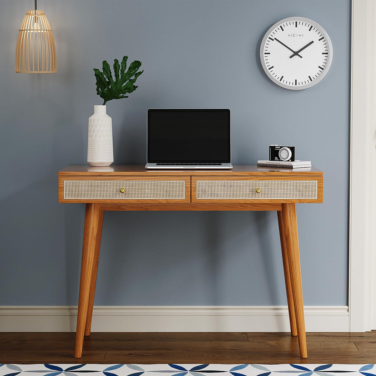 Mid-Century Modern Solid Wood Desk with Drawers – 45 inch Small Boho Rattan W...