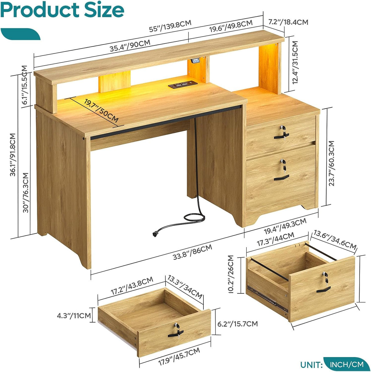 Bestier 55-Inch Computer Desk with Power Outlets & LED Lights, Natural Oak
