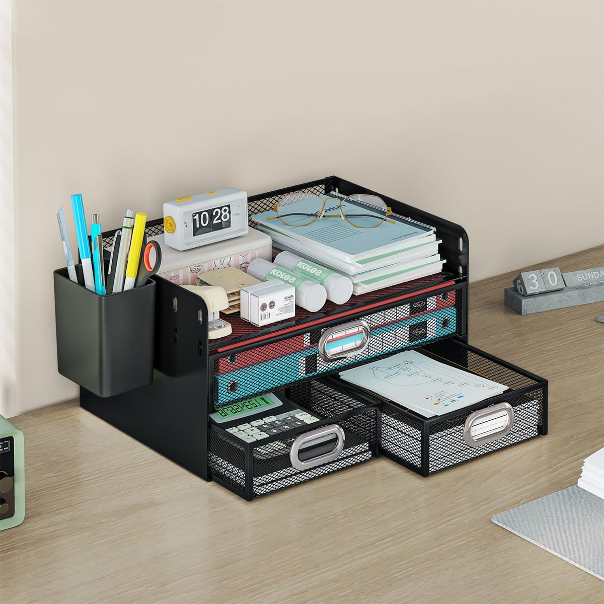 Drawer Organizers 3 Tier Mesh Desk File Holder with Pen Holder